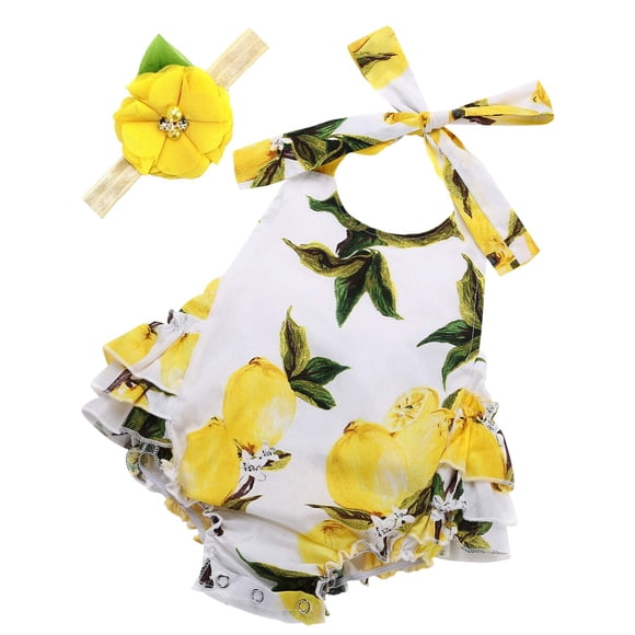 Princesasa Ropa Para Bebé Niña Amarillo Limón Floral Volantes Verano Cake Smash Trajes Y Diadema Para Regalos Recién Nacidos A6 7-12 Meses (Talla M)