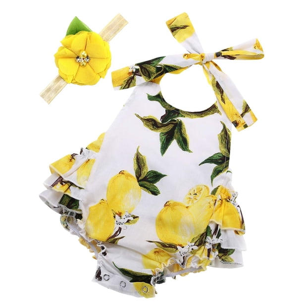 Princesasa Ropa Para Bebé Niña Amarillo Limón Floral Volantes Verano Cake Smash Trajes Y Diadema Para Regalos Recién Nacidos A6 7-12 Meses (Talla M)