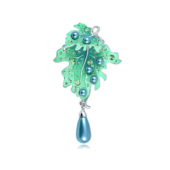 Alilang Silvery Tone Green Rhinestone Faux Pearl Drop Enamel Leaf Brooch Pin