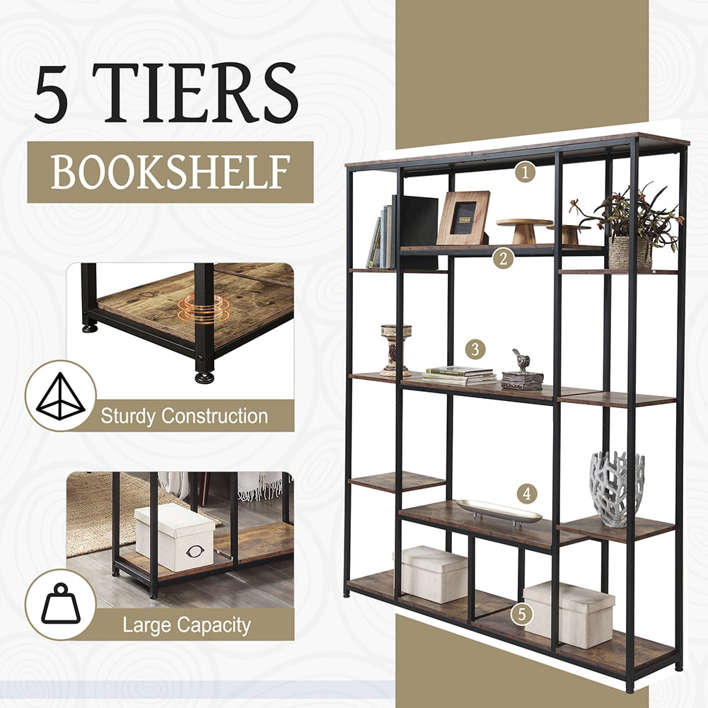 Resenkos 5 Tier Tall Industrial Bookcase Wood Metal Frame Standing Book Shelf, Display Bookshelves Storage Organizer, Tiger