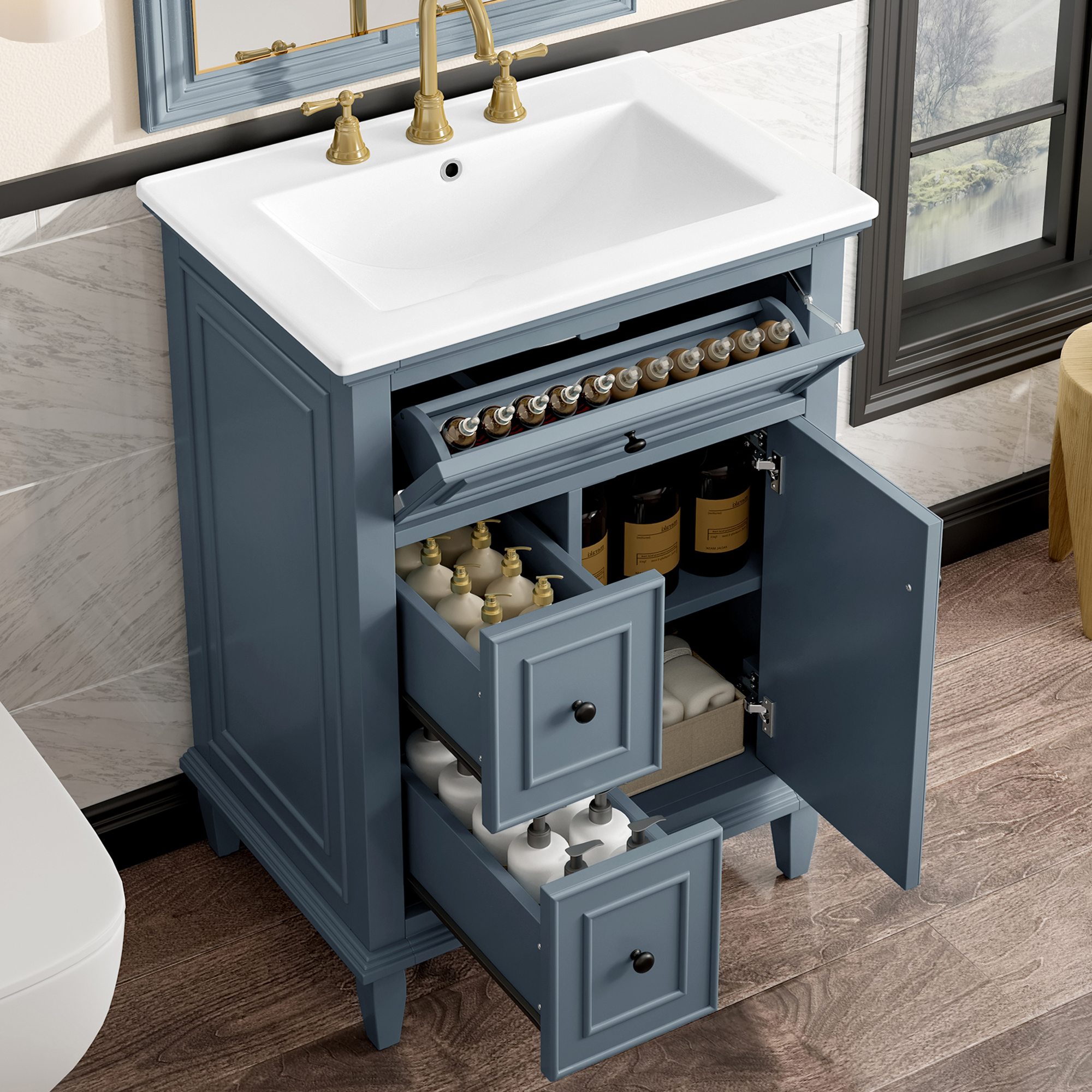 YIYADO 24" Bathroom Vanity with Sink, Bathroom Vanity Cabinet with One Flip Drawer and Two Drawers, Adjustable Shelf, Solid Wood and MDF, Blue