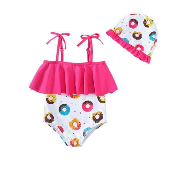 Toddler Infant Girl One Piece Bathing Suits and Hat Sleeveless Strawberry Swimwear Beach Wear