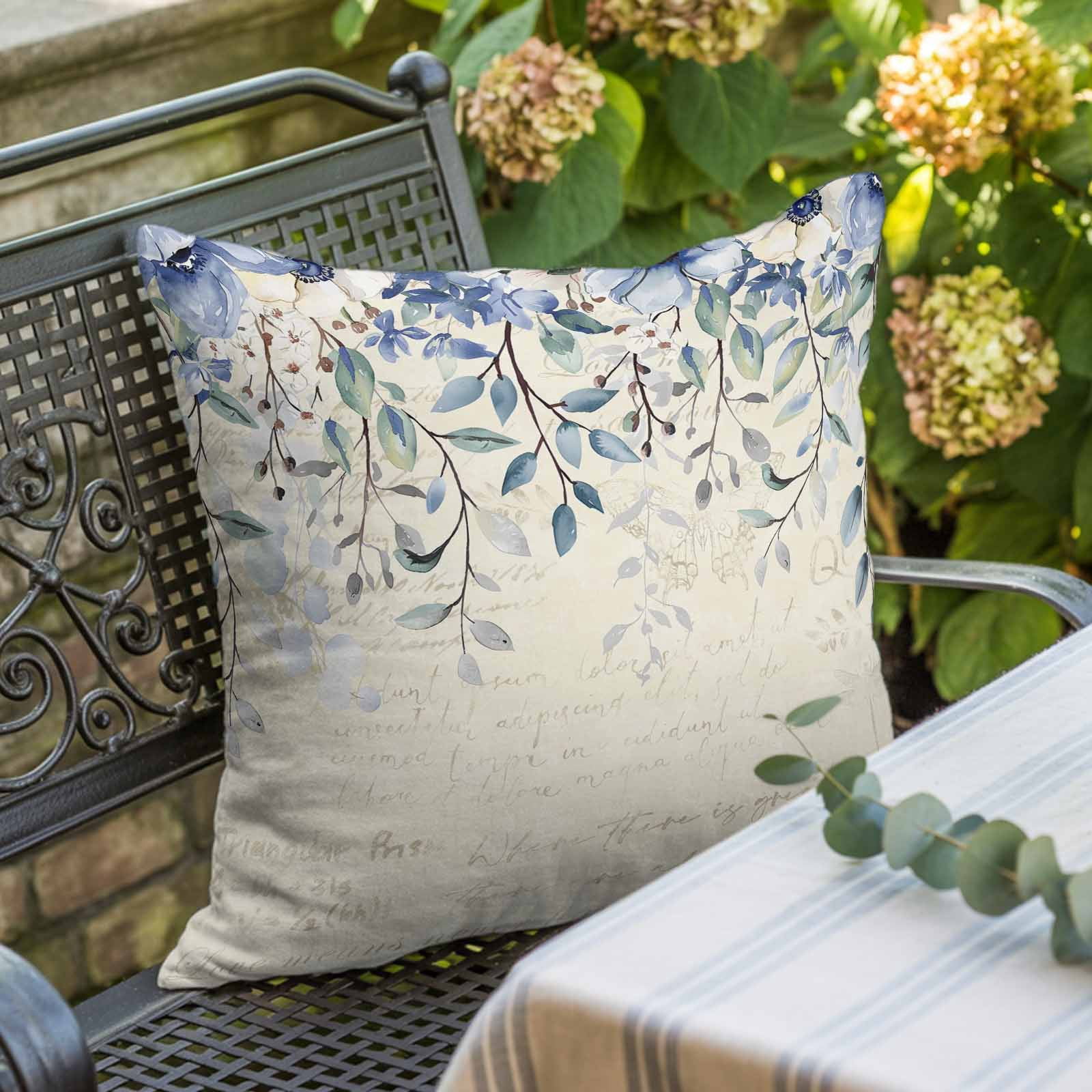 Blue Eucalyptus Leaves Pillow Covers 16x16 Inch, Farmhouse Retro Botanical Floral Linen Pillowcase with Invisible Zipper, Decorative Throw Pillow Covers Cushion Case for Couch Sofa Bed Living Room
