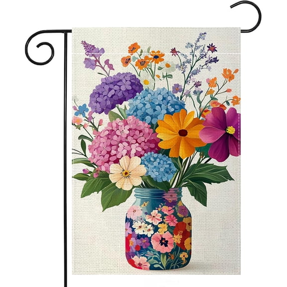 Spring Summer Floral Mason Jar Garden Flag 12 x 18 Inch Double Sided, Colorful Hydrangea Flower Yard Flag for Outdoor Porch Lawn Patio Garden Decor