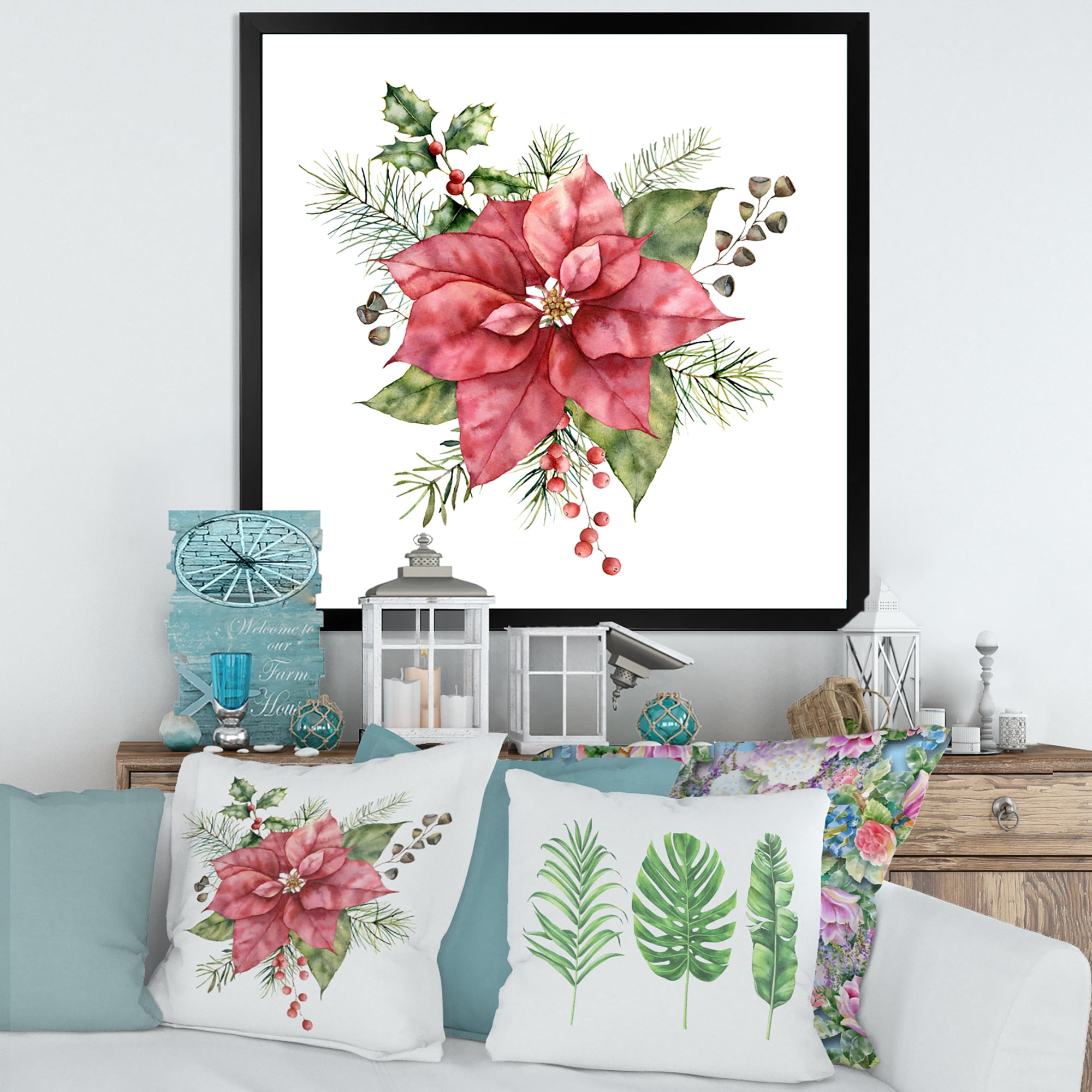 Designart 'Christmas Fir Branch and Holly Mistletoe Berries II' Traditional Framed Art Print