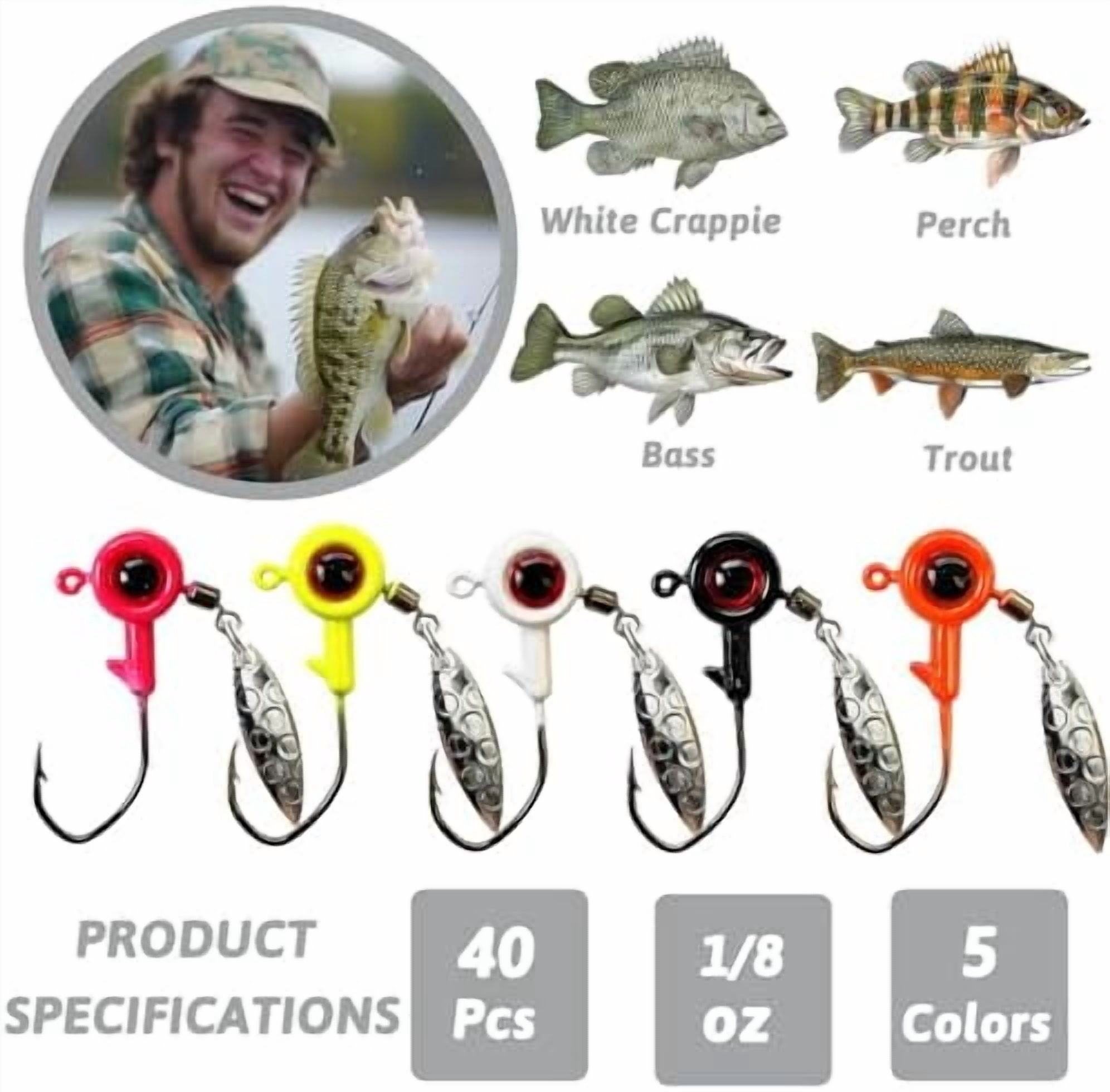 Crappie Jigs Underspin Jig Heads with Large Eyes - 1/32, 1/16, 1/8 oz Sizes - 40 Pcs for Bass, Panfish, Trout