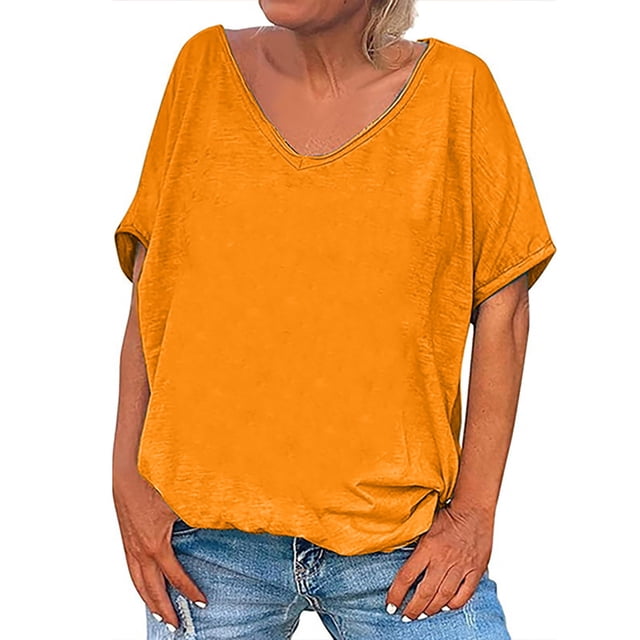Timegard Womens Tops V Neck Short Sleeve Loose Blouse Summer Solid Color Casual Comfy Tops Basic Tee