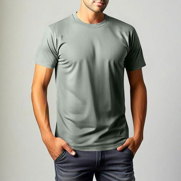 Camisa Elvqul de Hombre Gris Elástica sin Estampado Gym Manga Corta Casual Cuello Redondo