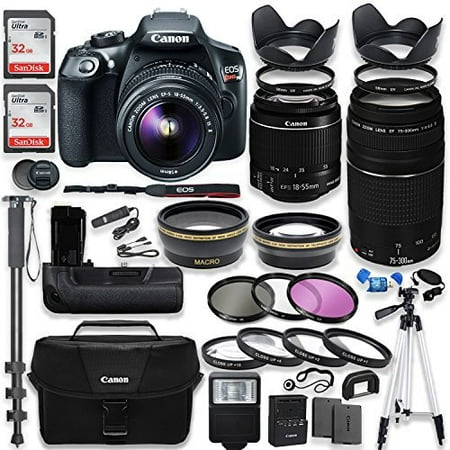 Canon EOS Rebel T6 DSLR Camera with Canon 18-55mm IS II Lens & 75-300mm III Lens Kit + Battery Grip + Canon Case + 64GB Memory + Filters + Macros + Monopod + 50