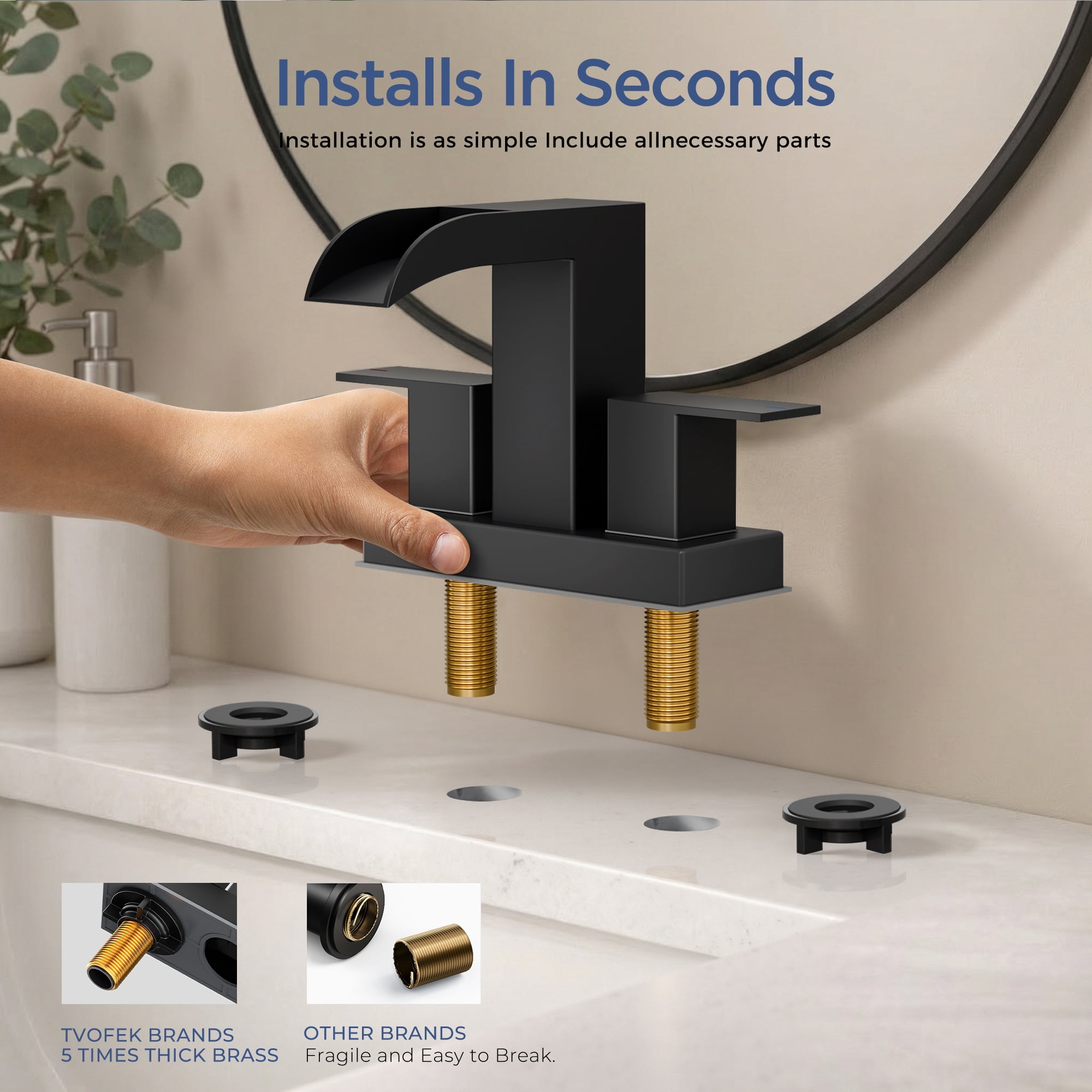 TVOFEK 4 inch Waterfall Bathroom Faucet 3 or 2 Hole, Matte Black Centerset Sink Faucets with Metal Pop-up Drain for Vanity Lavatory Basin RV