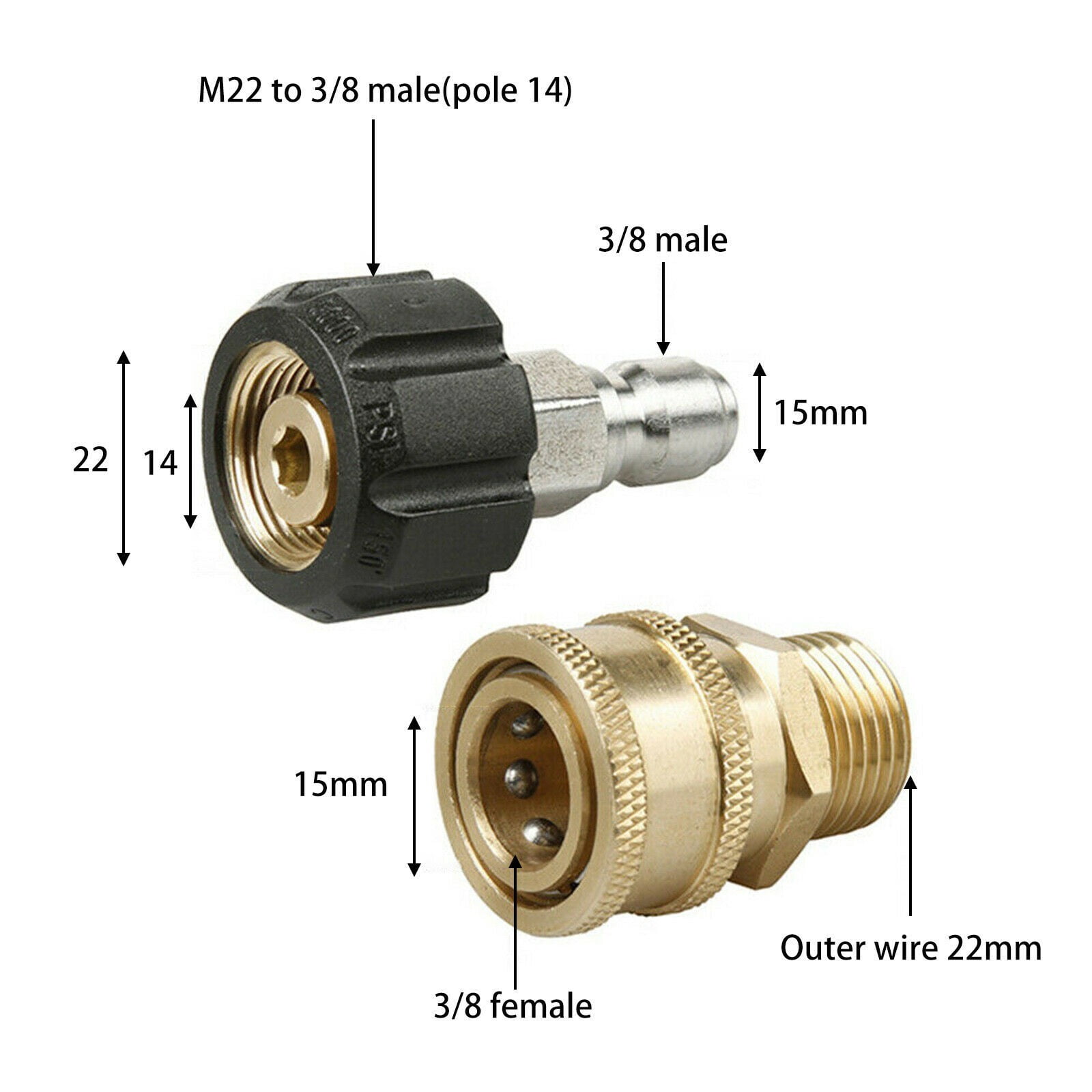 Pressure Washer Quick Release Brass Connector 1/4 Male & M22 14 Female Plug 