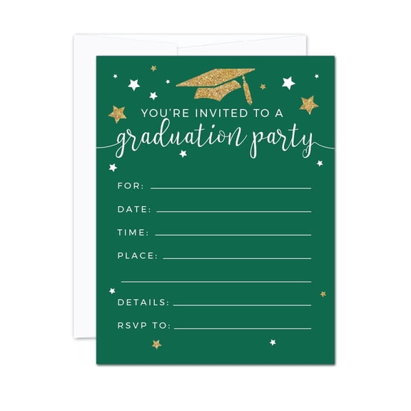 Koyal Wholesale Emerald Forest Green Gold Glitter Graduation Paper Invitations, Blank Cards with Envelopes, 20-Pack