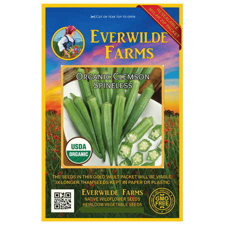 Everwilde Farms - 50 Organic Clemson Spineless Okra Seeds - Gold Vault Jumbo Bulk Seed (Best Okra To Grow)