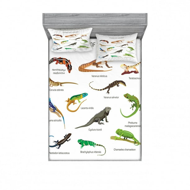 Reptile Bedding Set with Sheet & Covers, Lizard Family Design on Plain