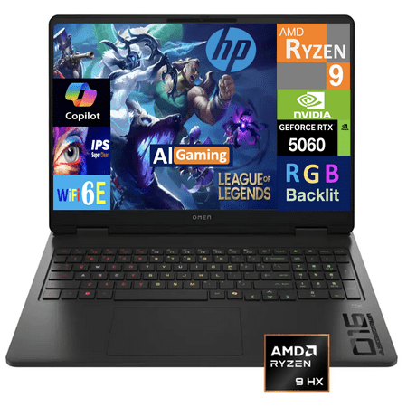HP OMEN AI Gaming Laptop 16.0in 144Hz IPS WUXGA Display (AMD Ryzen 9 8940HX, NVIDIA GeForce RTX 5060 8GB, 32GB DDR5, 1TB PCIe SSD, 3-Zone RGB KB, WiFi 6E, Webcam, Bluetooth 5.4, Win 11 Pro)