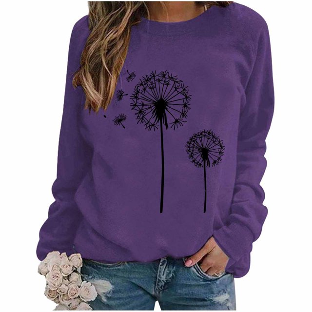 Chandail de Mode pour Femmes Imprimé Pissenlit Col Rond Manches Raglan Manches Longues Haut Décontracté Ample Confortable