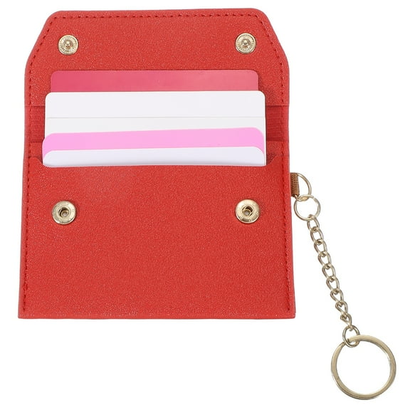 Leather Credit Card Holder, Slim Pocket Wallet for Women for Men with Detachable Keychain, Multi-Functional Dual-snap Card Organizer for ID & Cards(Red)