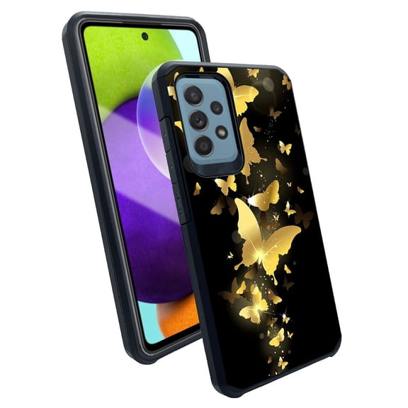 ANJ  Slim Dual Layer Shockproof Case   Tempered Glass Cover for Samsung Galaxy A52 5G - Golden Butterflies