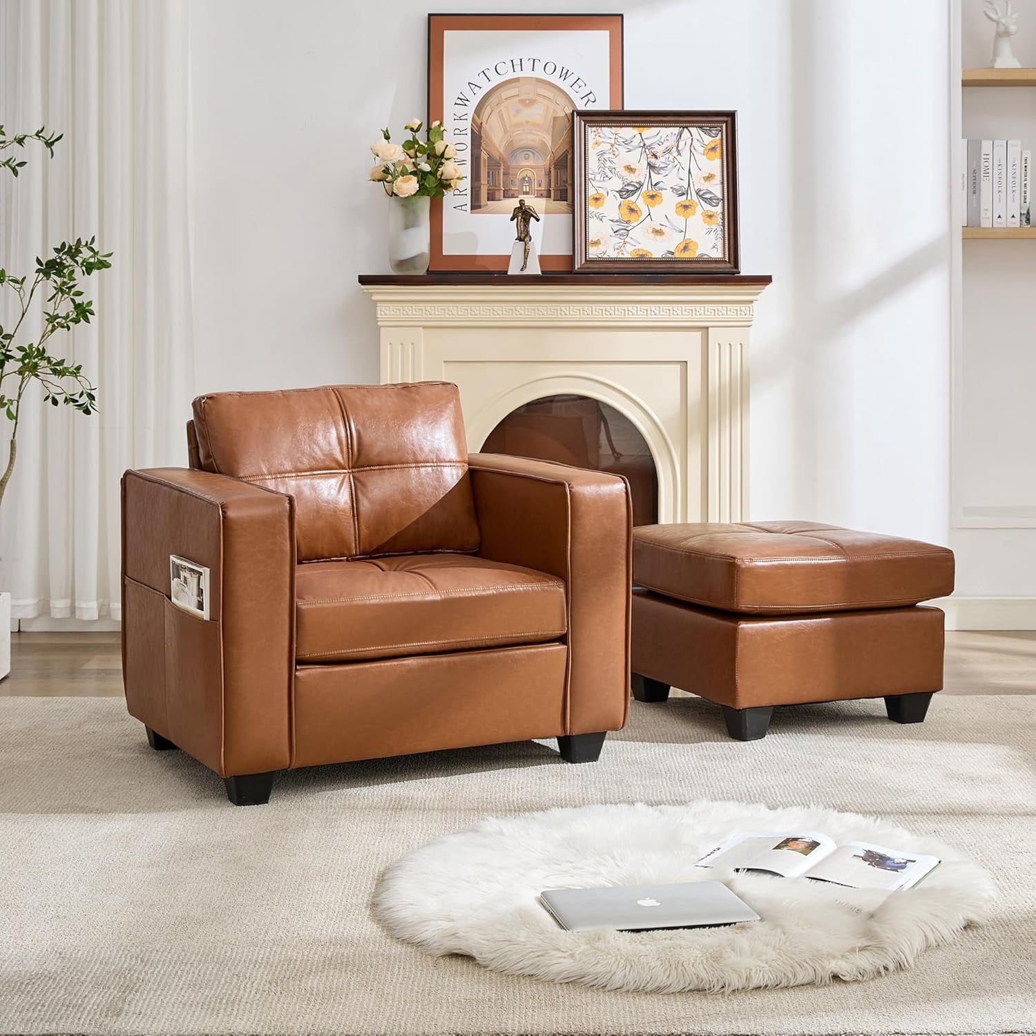 LAZZO Leather Ottoman, Square Faux Leather Bench with Extra Deep Cushion, Multi-Functional Footrest & Extra Seating for Living Room Bedroom, Brown