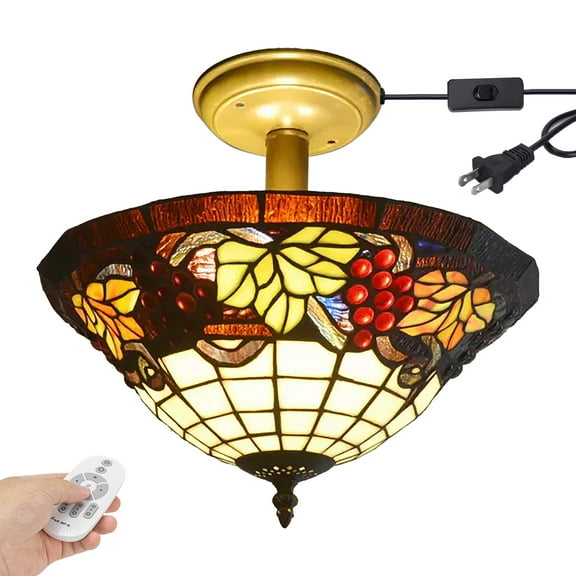 Kiven 13.8in Plug-in Flush Mount Ceiling Light Fixture, 3-Light Anti Glare Close to Ceiling Light with 15FT Cord, Tiffany-Style Glass Chandelier Dimmable for Bedroom Kitchen Hallway(No.3198)