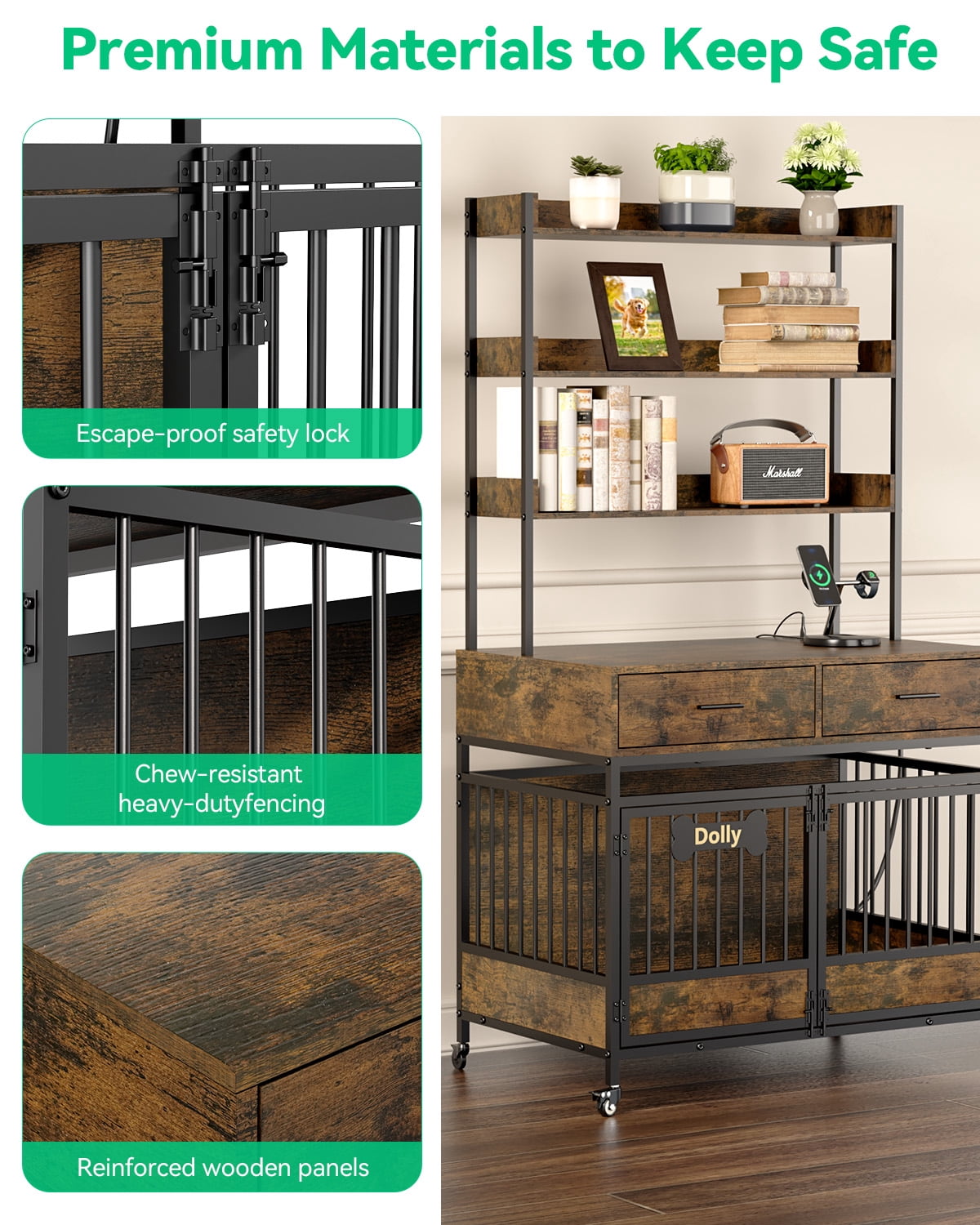 Behost 39" Dog Crate Kennel Cage Furniture for Large Dogs with 3-Tier Storage and Lockable Wheels LED Light Rustic Brown