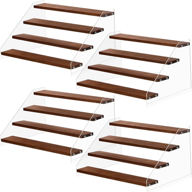 Queekay 4 Pack Acrylic Wood Display Stand Wooden Tiered Display Shelf Clear Acrylic Organizer Shelves Rack Step Riser Ladder Stand for Figure Cupcake Perfumes Desserts (15.7 Inch, 4 Tier)