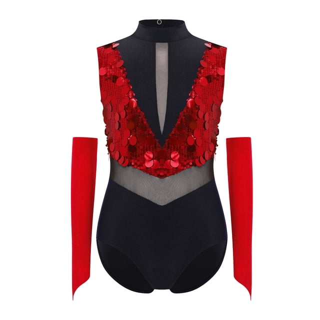 YiZYiF Big Girls Performance Jumpsuit Latin Jazz Dance Bodysuit with Gloves Color Block Unitard Red 12