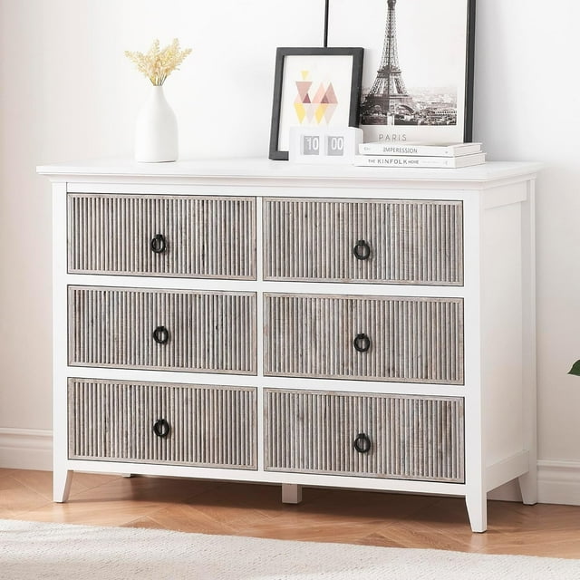 Fluted 6-Drawer Dresser, Modern Waveform Wood Chest with Black Handles