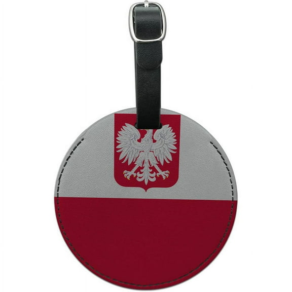Poland with Coat of Arms National Country Flag Round Leather Luggage ID Tag
