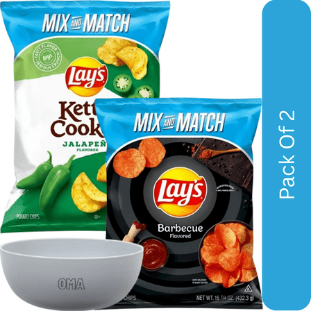 Lay’s Potato Chips Variety Pack – Barbecue (15.25 oz) & Kettle Cooked Jalapeño (13.5 oz)-2pk, With Olive White Bowl By OMA