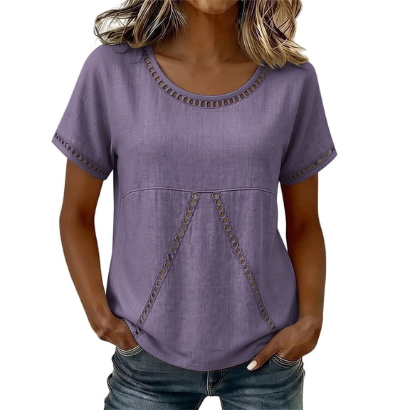 GUACER Womens Eyelet Lace Crew Neck Tops Short Sleeve Hollow Out Boho Blouses Summer Relaxed Fit Shirts