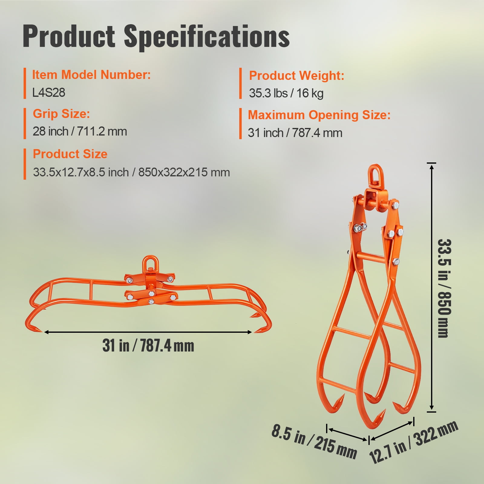 KFFKFF Timber Claw Hook, Swivel Steel Log Lifting Tongs, 28 inch 4 Claw Log Grapple for Logging Tongs, Eagle Claws Design with 2205 lbs/1000 kg Loading Capacity