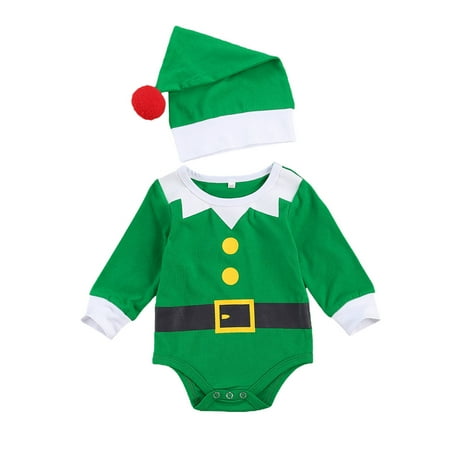 

2 Pcs Newborn Christmas Outfits Long Sleeve Round Neck Print Romper + Pompom Cap