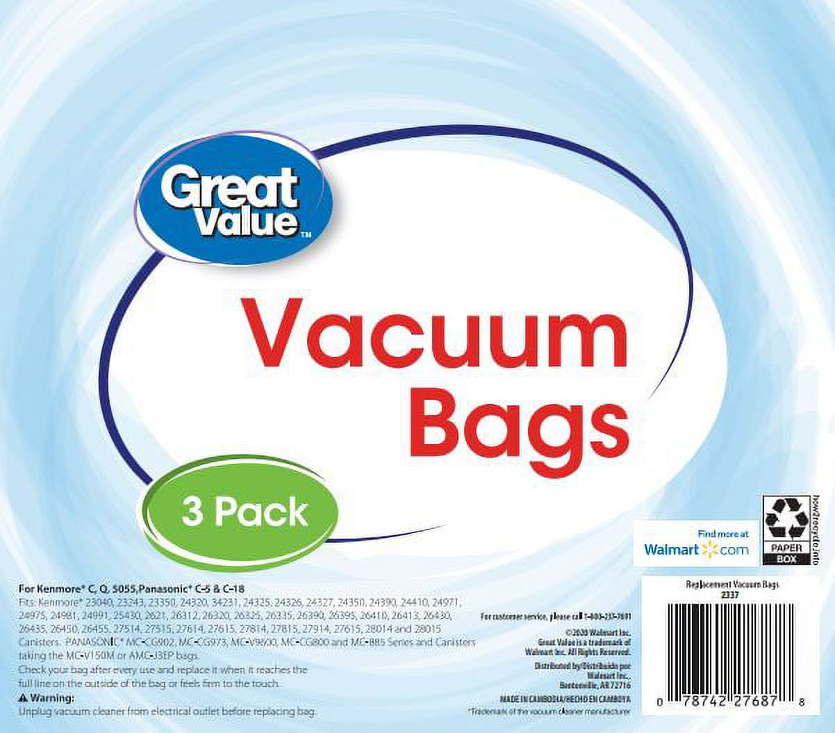 (3 pack) Great Value Upright Vacuum Cleaner Bags for Kenmore (3 Pack)