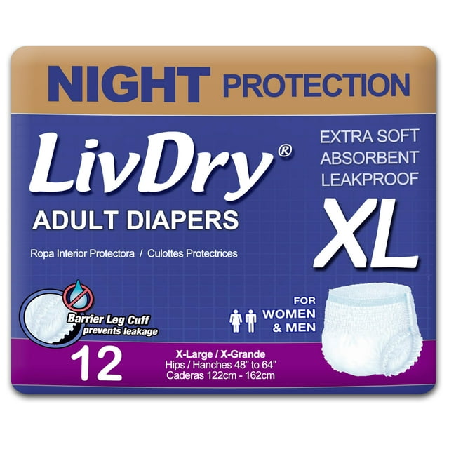 Pañales para adultos Overnight LivDry XL para mujeres y hombres, paquete de 12