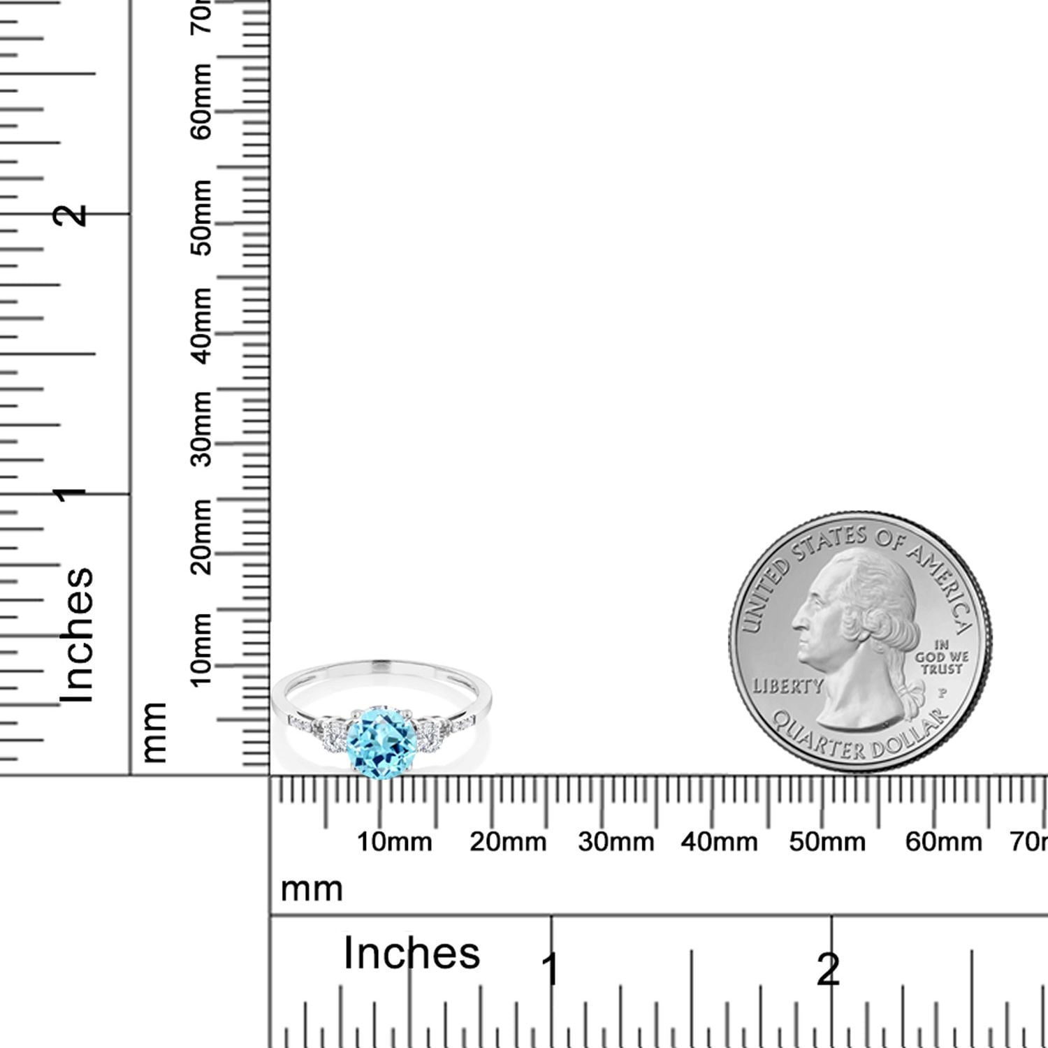Gem Stone King 10K White Gold Blue Apatite White Created Sapphire and White Diamond Accent 3-Stone Engagement Ring for Women (0.96 Cttw, Round 6MM, Gemstone Birthstone, Size 7.5)