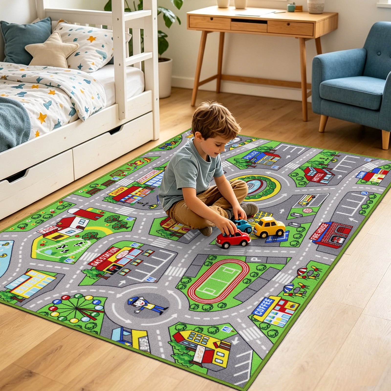 ORGOWEL Kids Carpet Playmat Area Rug Car Mat Play Rug for Playroom Educa tional Car Mat Machine Washable Non-Slip Kids Rug for Bedroom, Living Room,39.4"x63",Green