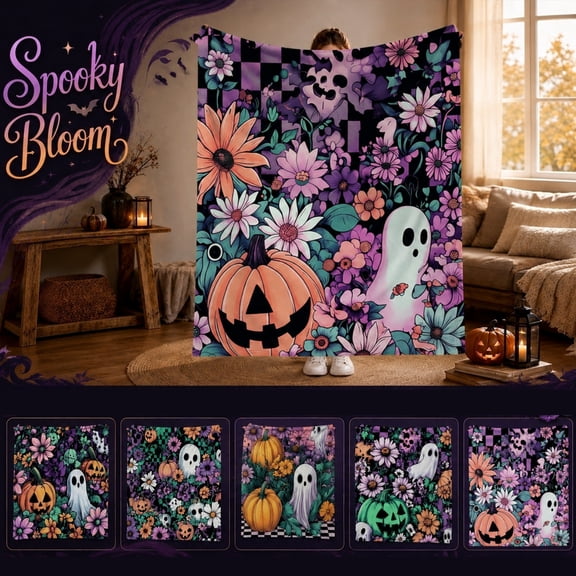 Halloween Throw Blanket, Ghost Halloween Decor, Halloween Pumpkin Decor, Halloween Floral Throw Blanket, 60X52 Inch Soft Cozy Plush Blanket for Couch Bed Sofa, Spooky Purple