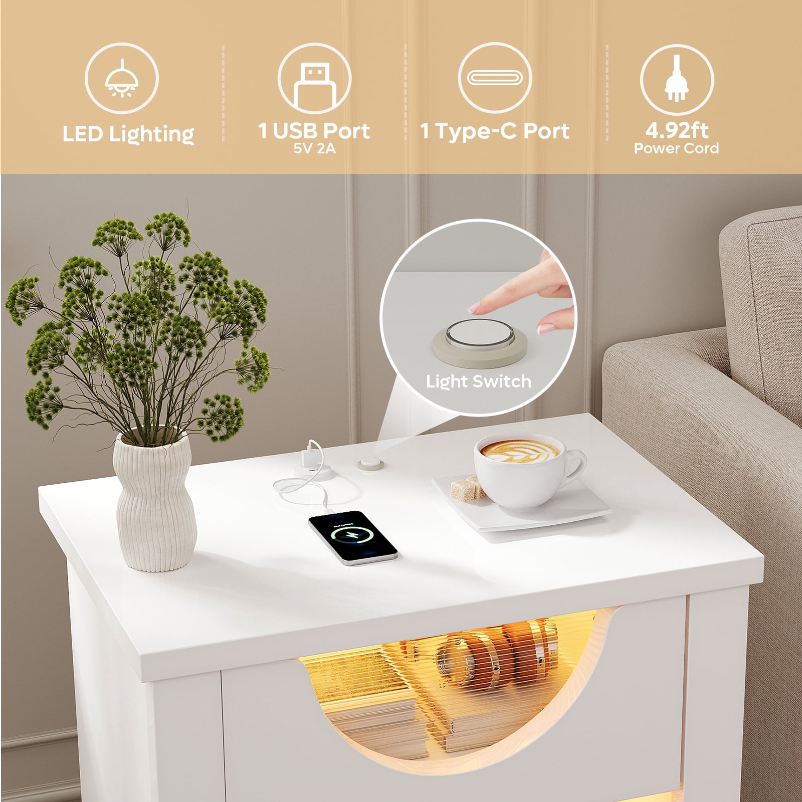 Bestier Modern White Nightstand with Charging Station, LED Light, Drawer – Bedroom & Living Room End Table