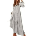 thumbnail image 3 of Women'S Boho Cotton Maxi Dress V-Neck Long Sleeve Flowy Beach Dress with Pockets and Buttons Light Grey XL, 3 of 9