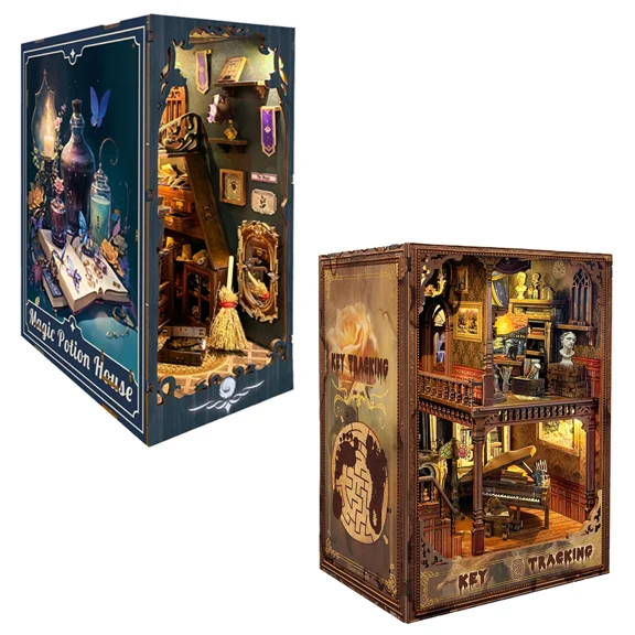 Strucwood 2-Piece DIY Book Nook Kit Set: 3D Wooden Puzzles with LED & Dust Cover, Gifts for Adults (SQ-0431)