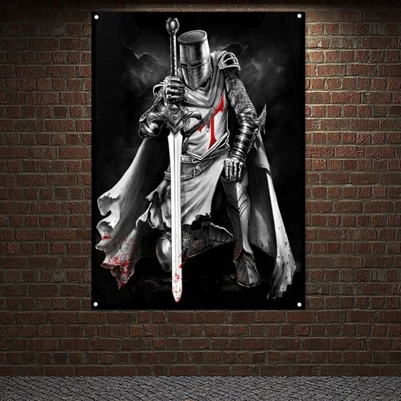Medieval Middle Ages Knights Templar Flag Tapestry 38" x 57" Vintage Wall Decorative Banner Crusader Warrior Poster Wall Painting Room Dorm Home Decor Tapestries