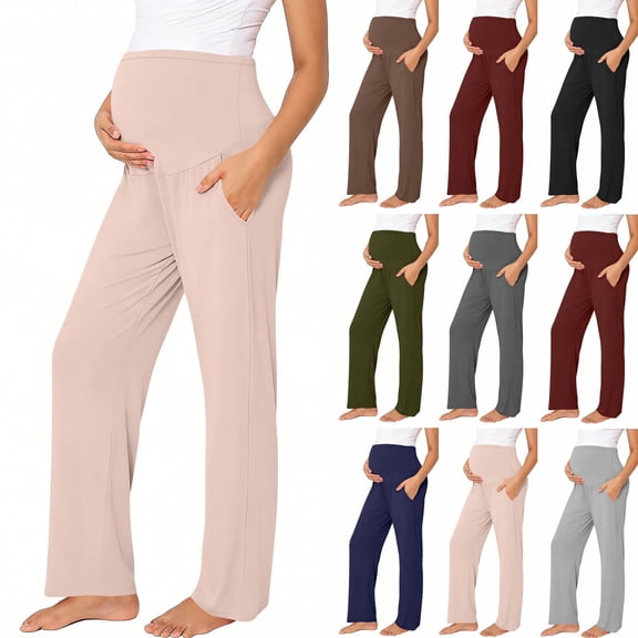 Abomasnow Womens Maternity Pants Over Belly High Waist Straight Leg Stretchy Pants Work Office Business Casual Pregnant Trousers with Pockets