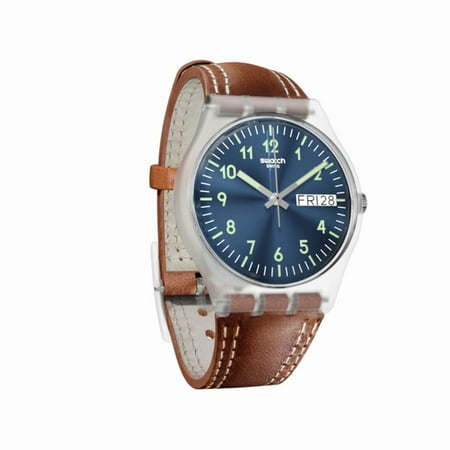 - Swatch Unisex Windy Dune 34mm Brown Leather Band Plastic Case Swiss Quartz Blue Dial Analog Watch GE709