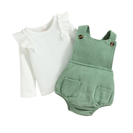 

Newborn Baby Girls Clothes Knit Rib Top + Suspenders Shorts Pocket Suspender Overalls 2PCS Fall Winter Outfits