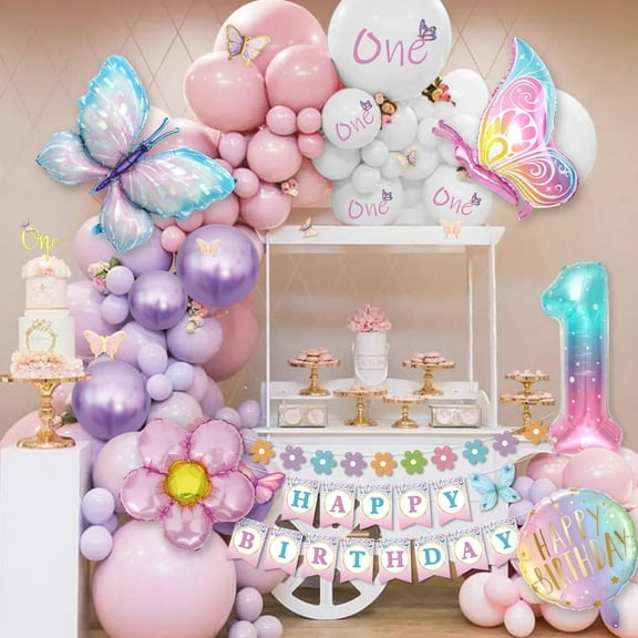 AYUQI Butterfly First Birthday Decorations Girl - Purple Pink Balloon Garland Arch Kit, Butterfly Foil Balloons, Happy Birthday Banner, Number 1 Balloon, One-Year-Old Birthday Party Decoration