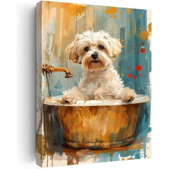 Maltese Dog Bathtub Art, Bathroom Wall Art, Animal Bathroom Art, Nursery Wall Art, Game Room, Reading Room Decor - 12"x18" Canvas Print with Frame