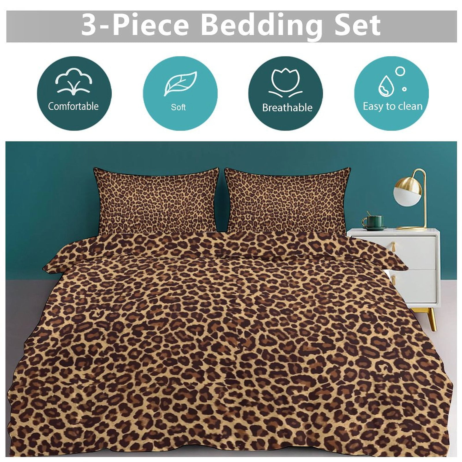 3 Pcs Soft Bedding Set, Includes 1 Duvet Cover with Zipper And 2 Pillow Shams,Leopard Twin(86"x70")