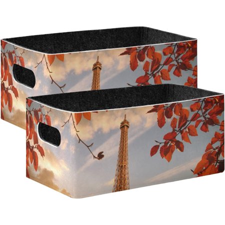 Shukong Paris Eiffel Tower in Autumn with Red Leaves Storage Basket, 2 Pack Felt Storage Bin Collapsible Organizer for Office Closet