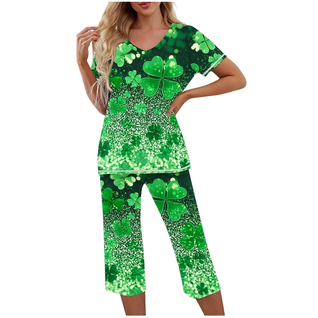 Puntoco Conjunto de pijama cómodo para mujer, con estampado del Día de San Patricio, cuello redondo, botones, manga corta y pantalón con bolsillos y cintura elástica